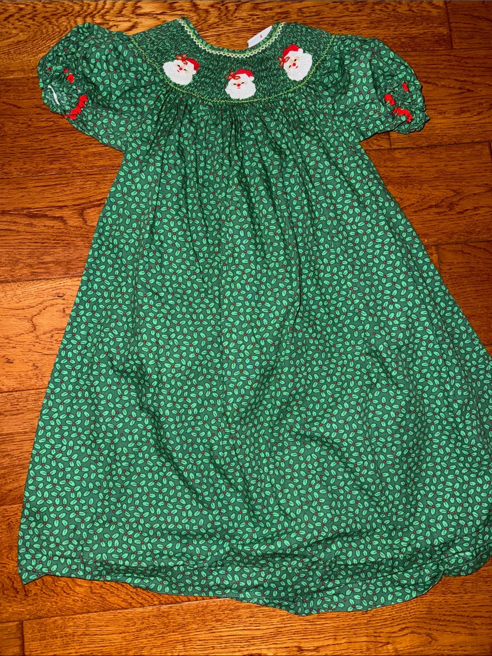 Girls' Green Smocked Holiday Dress with Santa Motif